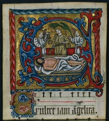 Kolme leikkaa Missalista: Alkukirjain E ja The Angels of the Tombment, n. 1470-1500.