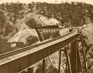 Juna kulkee viaduktin yli, Mount Lofty Range, Etelä-Australia, 1930.