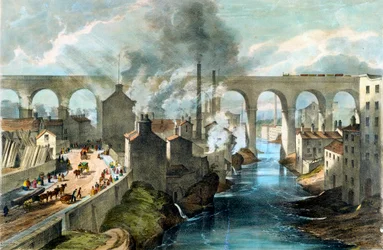 Juna ylittää Stockportin maasillan Lontoon ja North Western Railwayn varrella, c1845