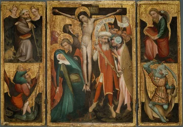 Ristiinnaulitsemisen triptyykki pyhien Anthonyn, Christopherin, Jaakobin ja Georgen kanssa, noin 1400.