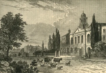 Turnpike Hampstead Roadilla ja St. James Church, vuonna 1820, c1876.