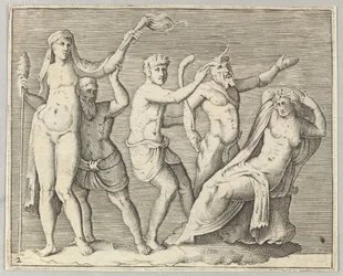 Kaksi hahmoa, faun ja satyyri lähestyvät makuulla olevaa naista, julkaistu n. 1599-1622.