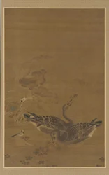 Kaksi hanhetta ruokkimassa lootuslammikossa, Ming-dynastia, 1500-1600-luku.