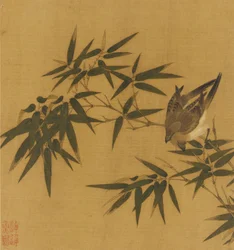 Kaksi lintua heilumassa bambun oksalla, Qing-dynastia, 1700-luku.