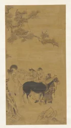 Kaksi miestä ja kaksi hevosta männyn alla, Qing-dynastia, 1700-luku.