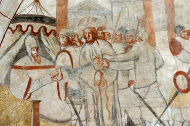 Vault de Lugny kirkko. 1500-luvun seinämaalaus. Kristus intohimossaan. Kristus Pilatuksen edessä. Ranska Â