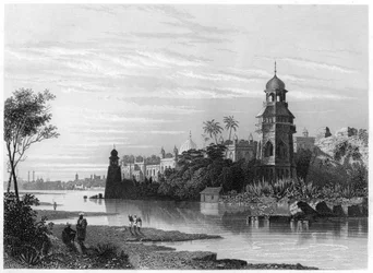 Näkymä Delhiin joelta näyttäen Kings Palacen, vuodelta 1860