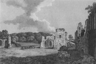 Näkymä osasta St. Agathan luostarin raunioista: lähellä Eastbyä, Yorkshire, 1791