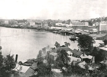 Näkymä kaupunkiin ja joelle, Brisbane, Australia, 1895.