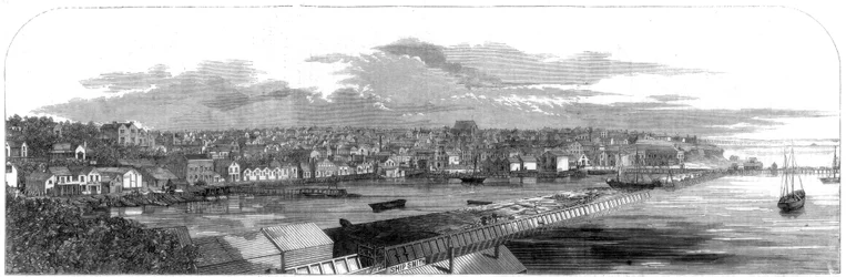 Näkymä Aucklandin kaupungista, Uudesta-Seelannista, uudella kaupallisella penkereellä, 1860