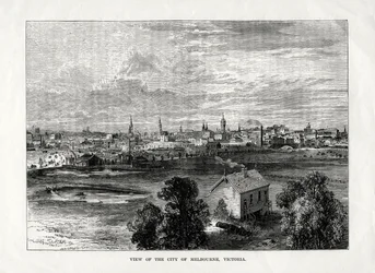 Näkymä Melbournen kaupunkiin, Victoria, Australia, 1877