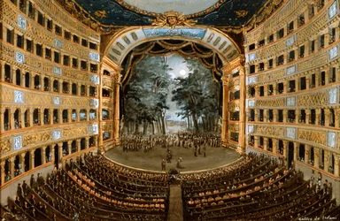 Näkymä Teatro San Carlon sisätiloihin, Napoli, 1800-luku