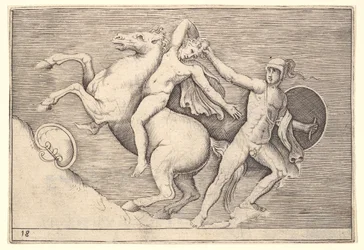 Warrior Pulling a Rider from His Horse, Ex Antiquis Camus et Ge..., julkaistu n. 1599-1622.