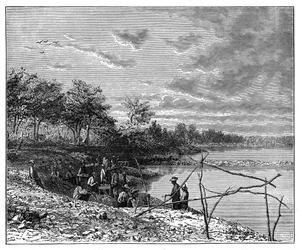 Pesuhiekka timanteille Vaaljoen rannalla, Etelä-Afrikka, c1890