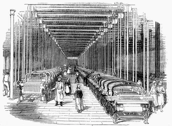 Kudontavaja, joka on varustettu riveillä hihnalla ja varrella käytettäviä kutomakoneita, c1840