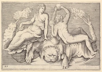 Nainen ja mies istuvat leijonannahalla, Mies kaataa viiniä, julkaistu n. 1599-1622.
