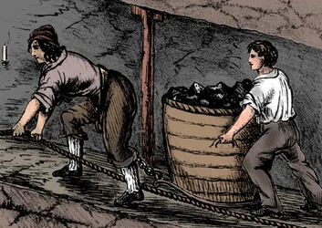 Nainen ja poika työskentelevät hiilikaivoksessa Boltonissa, Lancashiressa, 1848