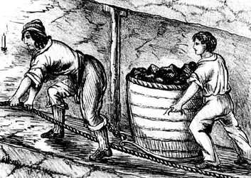 Nainen ja poika työskentelevät hiilikaivoksessa Boltonissa, Lancashiressa, 1848