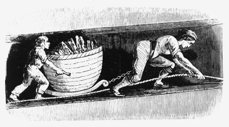Nainen ja poika piirtävät 3-4 cwt hiiltä sisältävää korvea, Bolton, Lancashire, 1848