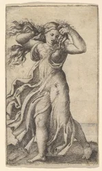 Nainen vetää hiuksiaan, n. 1515.