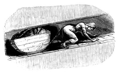 Nainen putteri raahaa hiilen rekiä kapeaa saumaa pitkin, Etelä-Wales, c1848