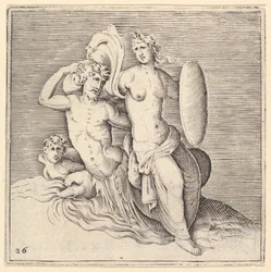 Woman with Shield Seated on Seamonster, julkaistu n. 1599-1622.