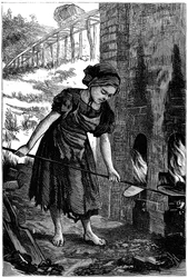 Nuori tyttö hoitaa tiiliuunin paloreikiä, 1871