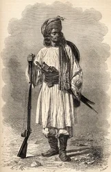 Afgaanisotilas, kuvitus teoksesta "Maailma käsissä", kaivertaja H. Koch, julkaistu 1878.