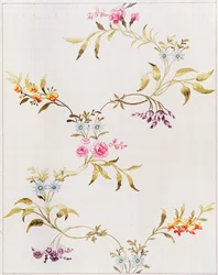 Kukkakuviointi neilikoista ja ruusuista Spitalfieldsissä kudottavaksi silkkimateriaaliksi, kirjoittanut Anna Maria Garthwaite (1690-1763), 1744 (wc paperilla, neliö siirtoa varten)