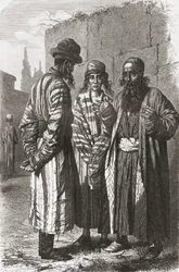 Uzbekistanin pääkaupungin Taškentin juutalaiset, kuvitus teoksesta "Maailma käsissä", kaiverrus Charles Laplante (k.1903), julkaistu 1878