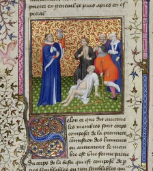Ms.251 f.54v Lääkäri potilaiden kanssa, Des Proprietez des Choses, n. 1415