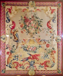Joshua Morrisin varhaisrokokootyylinen kuvakudos, jossa nauhat ja akantuksenlehtiä, 1720-luku