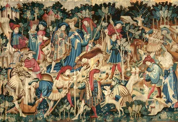 Devonshiren metsästyskuvakudokset, villisian ja karhun metsästys, luultavasti Arras, 1425-50