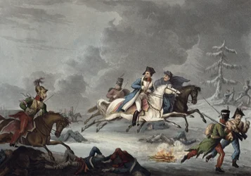 William Heathin Bonaparten lento Krasnoin taistelusta, julkaistu 1. huhtikuuta 1815 (värillinen akvatinta)