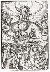 Viimeinen tuomio, joka perustuu Hans Holbein (149798-1543) nuoremman puupiirroksiin Der Todten Tanzista, julkaistu Baselissa, 1843