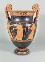 Voluutikraatteri, dionysiokkoinen kohtaus, joka esittää rituaalista villieläimen pilkkomista, Ullakko, 450-425 eaa.