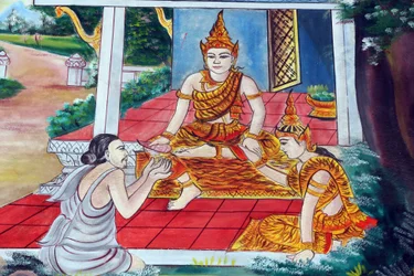 20151029, Vientiane, Laos : Wat Inpengin buddhalainen temppeli. Jataka-tarinat ovat kertomuksia Buddhan edellisistä elämistä (eli ennen kuin hän syntyi viimeisen kerran Buddhaksi)