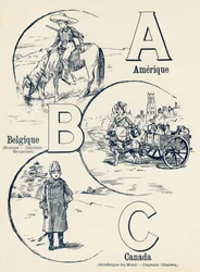 A B C: Amerikka, Belgia, Kanada - kahden maailman ABC. Emile Guerin, kustantaja, Pariisi, noin 1900. Mitat: 27,5 x 21,5 cm