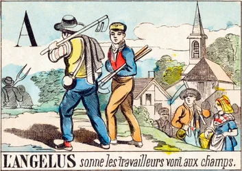 Angelusissa työntekijät menevät pelloille - "Matalon aakkoset" 1800-luvun loppu (kaiverrus)