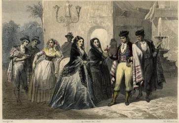 Galante kohtaus Mallorcalla (Mallorca, Mallorca), nuori mies tarjoaa kukan tytölle. ranskalaisen toimittajan ja matkailijan Louis Enaultin (1824-1900) kirjassa Välimerestä.