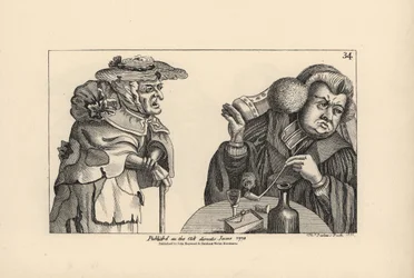 Pullea rikas kirkkoherra, jolla on tupakkapiippu ja viinaa, ei välitä köyhän vanhan naisen aneluista. Thomas Sandersin kuparipiirros Timothy Bobbinin (John Collier) (1708-1786) satiirisen kuvituksen mukaan, teoksesta Human Passions Delineated, John Haywood