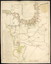 Sävytetty suunnitelma piiritystöistä. Ranskan kirjoittama lehti Bergen op Zoomin piirityksestä vuonna 1747; jota edelsi selvitys Ranskan tykistöjen tilasta tuolloin.