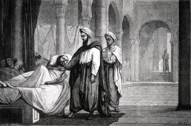 Abulcasis (936-1013), kalifi Al-Hakam II:n lääkäri, Cordoban sairaalassa (Espanja), kaiverruskuvaus