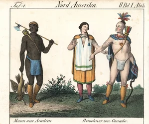 Akadialainen mies, jolla on tatuoitu vartalo, ja pari Kanadan intiaania. Litografia kirjaa varten: Friedrich Wilhelm Goedsche (1785-1863) "Galerie complete en tableaux fideles des peuples d