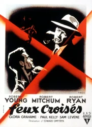 Crossfire-elokuvajuliste, Edward dMytryk Robert Youngin Robert Mitchumin ja Robert Ryanin kanssa 1947