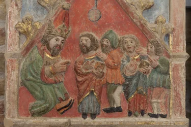 Alttaritaulu. monivärinen kivi. 1300-luvun toinen puoli. Alkuperäinen entinen Torre de Rialbin seurakuntakirkko. Yksityiskohta. Keskirekisteri. Vasen paneeli. Yläosa: Saints Iscle ja Victoria virkamiesten kanssa.