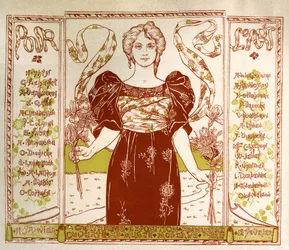 Art. Kuvataide. Taiteeseen. Art Nouveau -näyttely Musee Modernessa Brysselissä. Alexandre Hannotiaun juliste, Belgia.