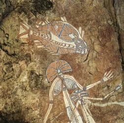 Australia, Pohjoisterritorio, Arnhem Land, Kakadun kansallispuisto, Nourlangie Rock, aboriginaalien kalliomaalauksia