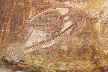 Australia, Pohjoisterritorio, Arnheminmaa, Kakadun kansallispuisto, Obiri Rock, aboriginaalien kalliomaalauksia