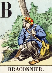 B : Braconnier - Metsästysaakkoset, n. 1890 (kaiverrus)